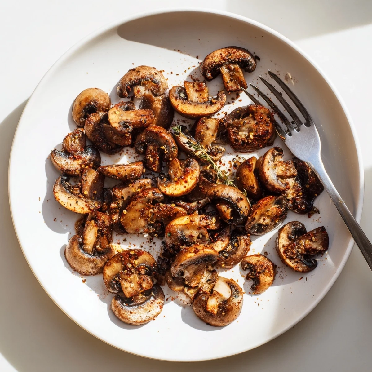 Smoky roasted mushroom slices glistening with paprika seasoning served in a rustic bowl