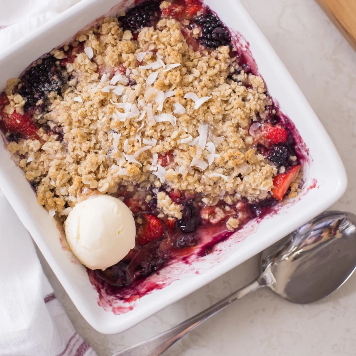 Golden vanilla coconut oat crumble tops bubbling mixed berry crisp fresh from oven