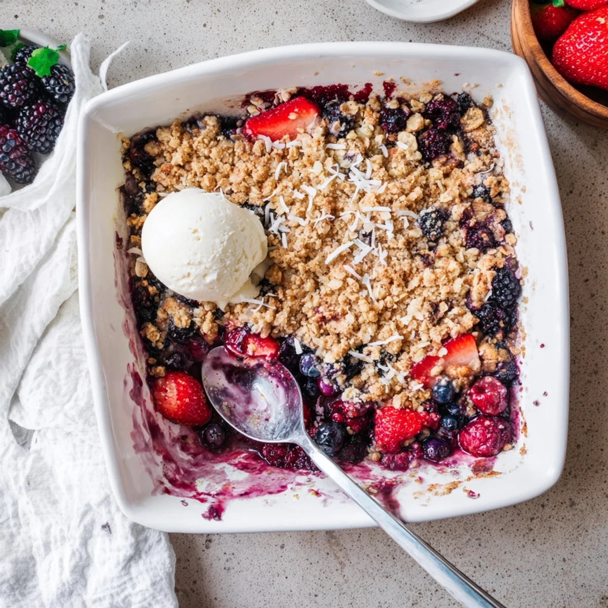 Warm berry crisp with coconut oat topping served with vanilla ice cream scoop