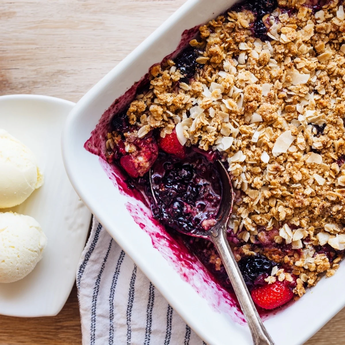 Bubbly fruit dessert with crunchy vanilla coconut crisp layer ready for serving