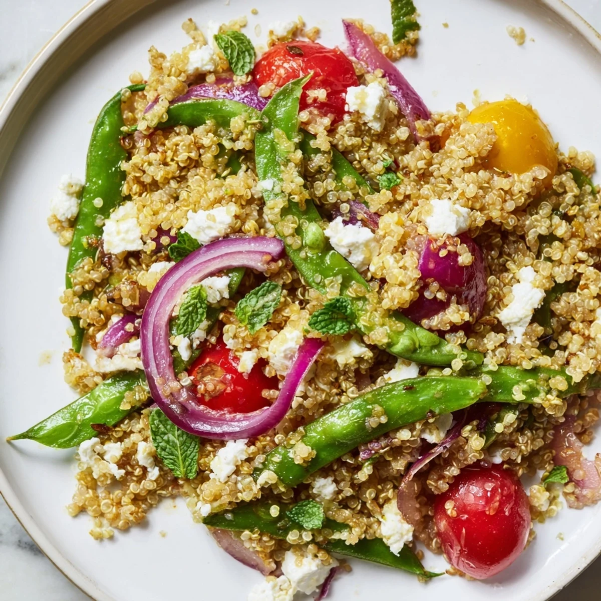 Warm quinoa and roasted snap pea salad garnished with crumbled feta and fresh herbs