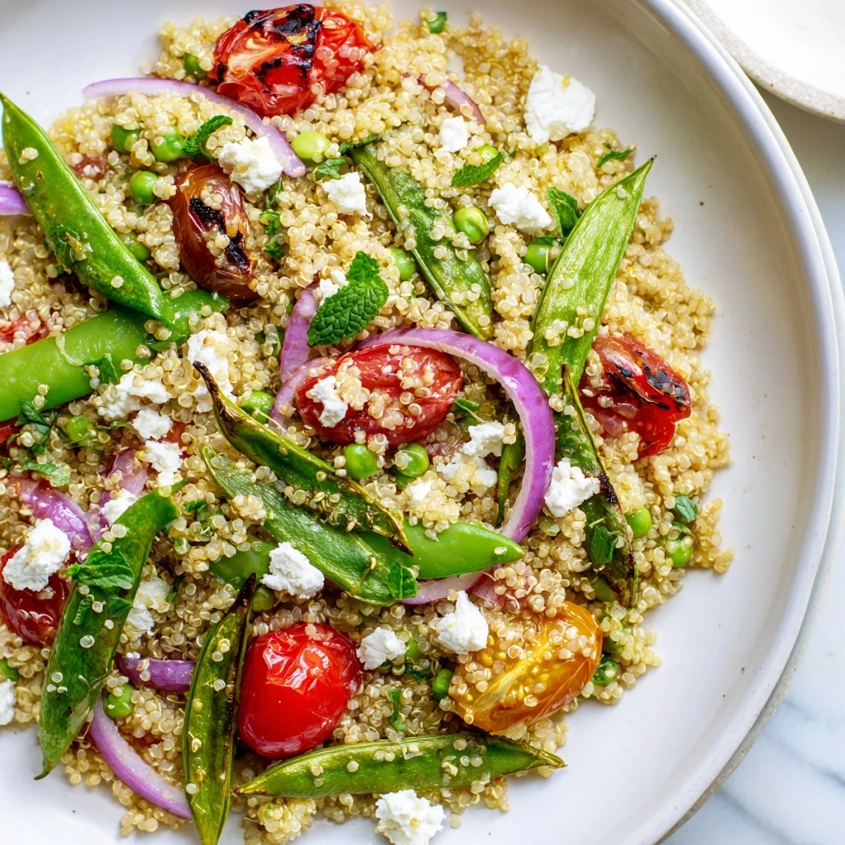 Golden roasted snap peas atop a fluffy warm quinoa salad with zesty lemon dressing