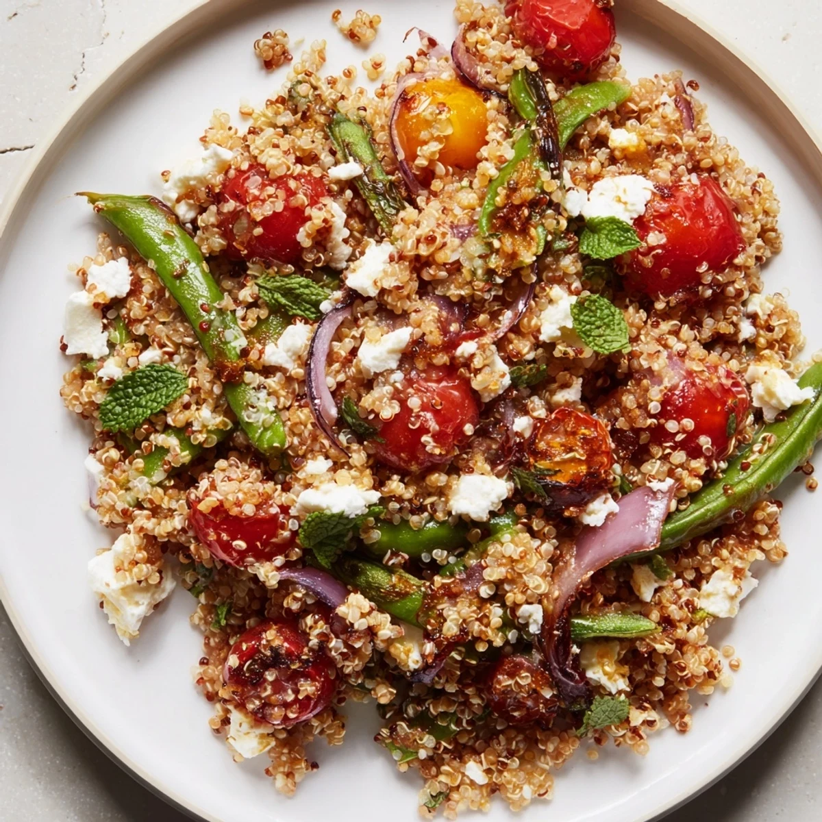 Bright cherry tomatoes and blistered snap peas tossed in a warm quinoa salad