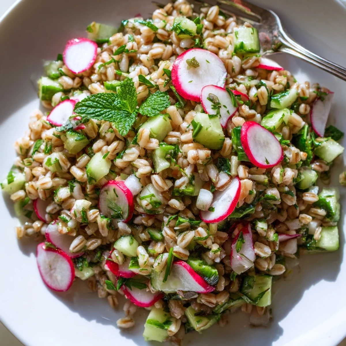 Citrus herb barley and radish salad glistening with bright lemon honey dressing in a rustic bowl