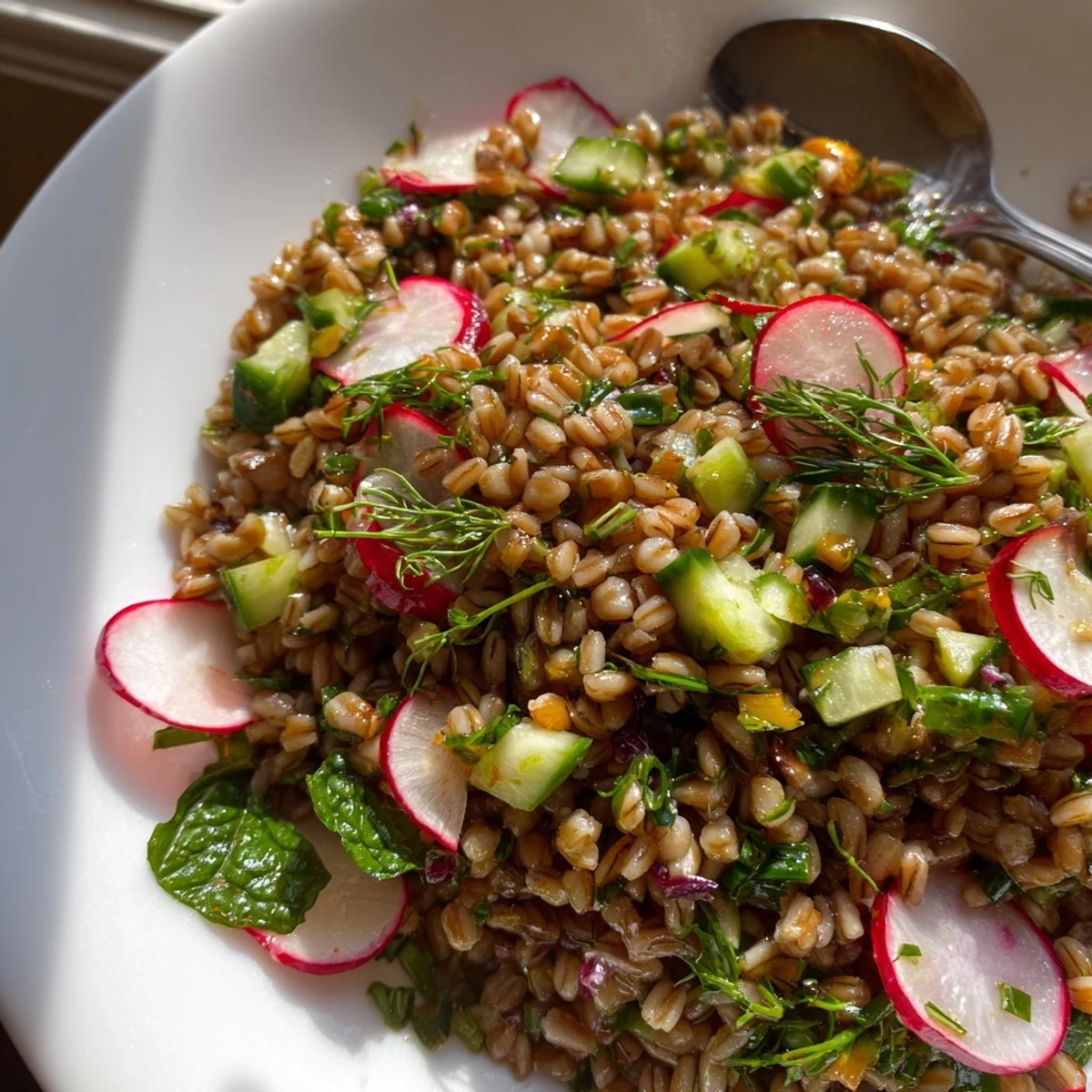 Close-up of citrus herb barley and radish salad with fresh mint, sliced radishes, and orange segments