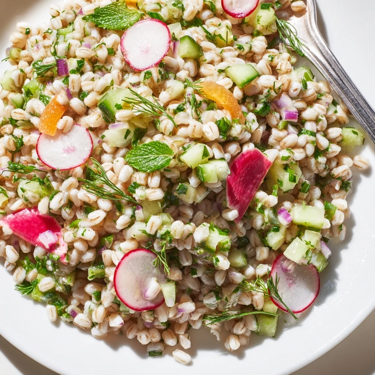 Spoonful of citrus herb barley and radish salad served over a bed of peppery arugula