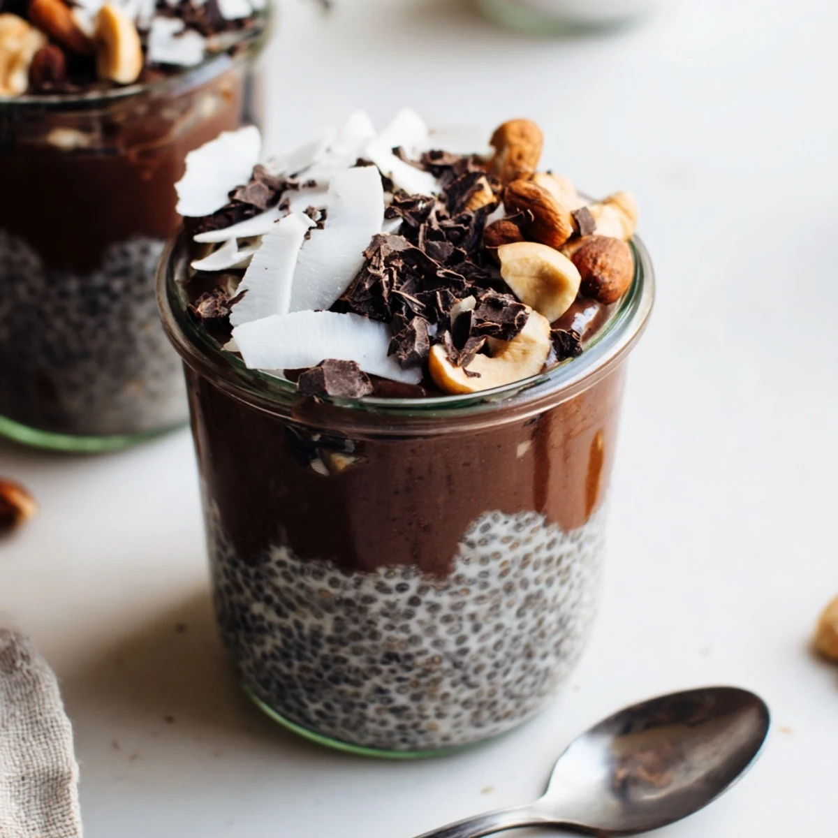 Creamy Cocoa Cashew Coconut Chia Indulgence layered in glass jars with chocolate shavings