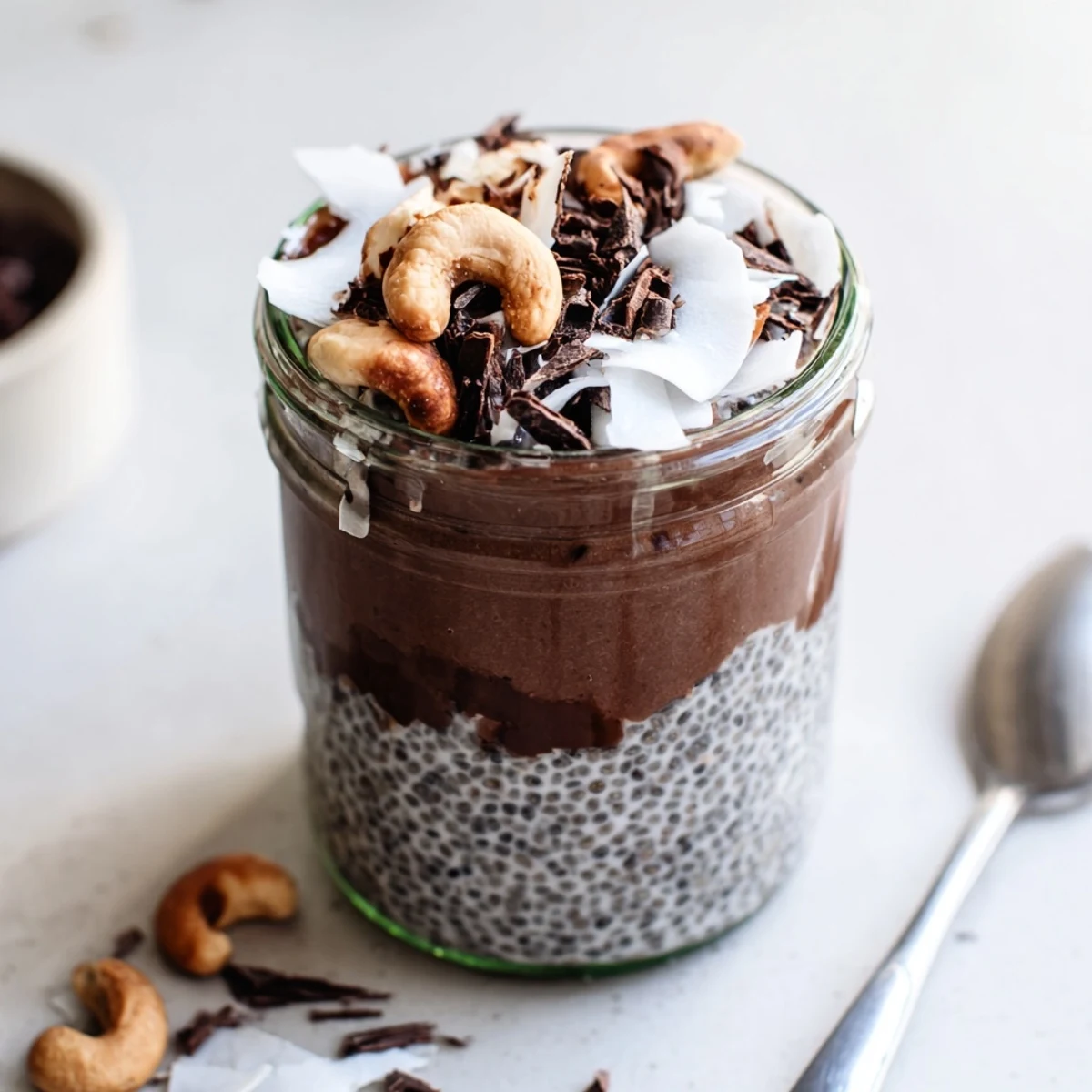 Rich cocoa cashew cream spooned over thick coconut chia pudding in dessert glasses