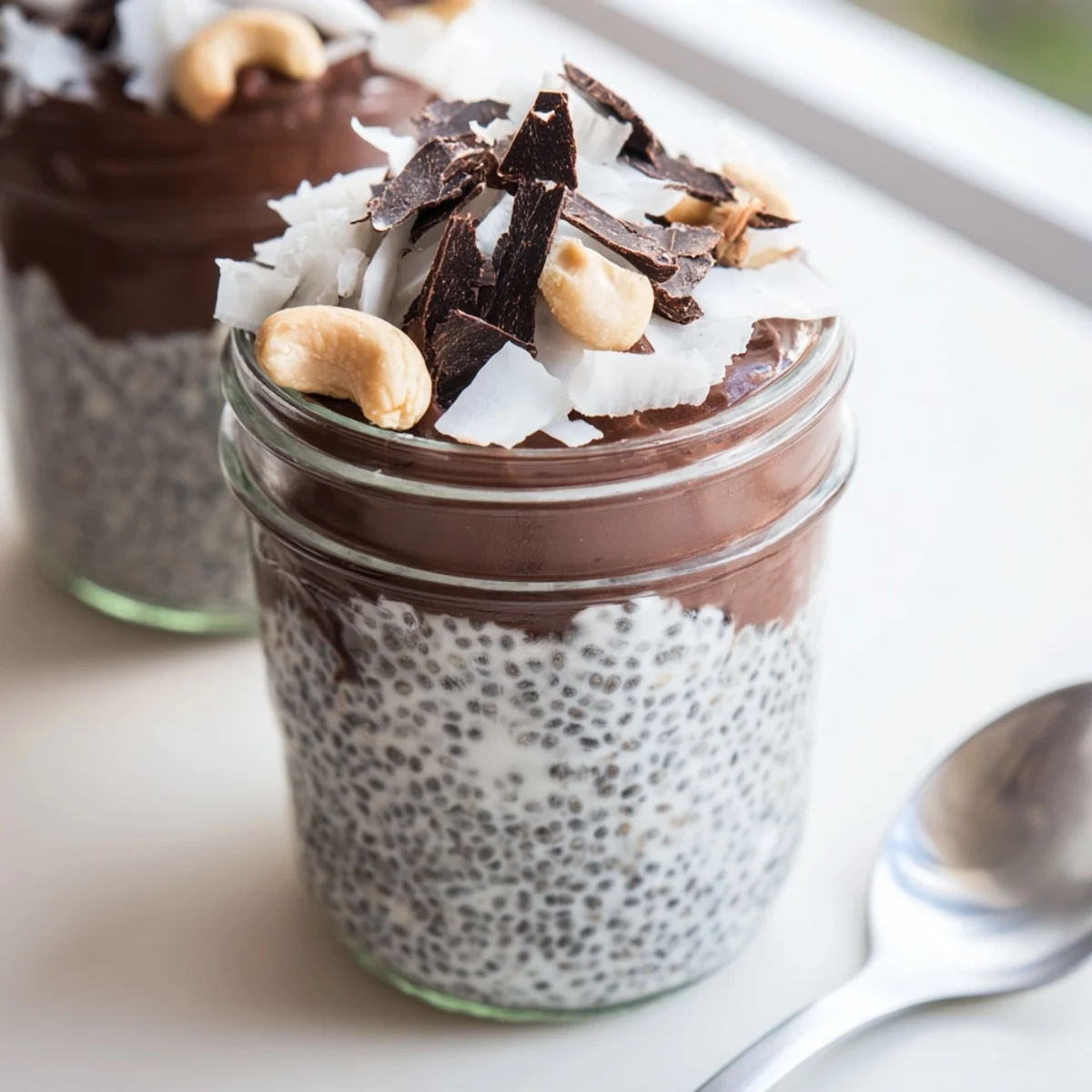 Velvety chocolate chia pudding topped with shredded coconut and roasted cashew pieces