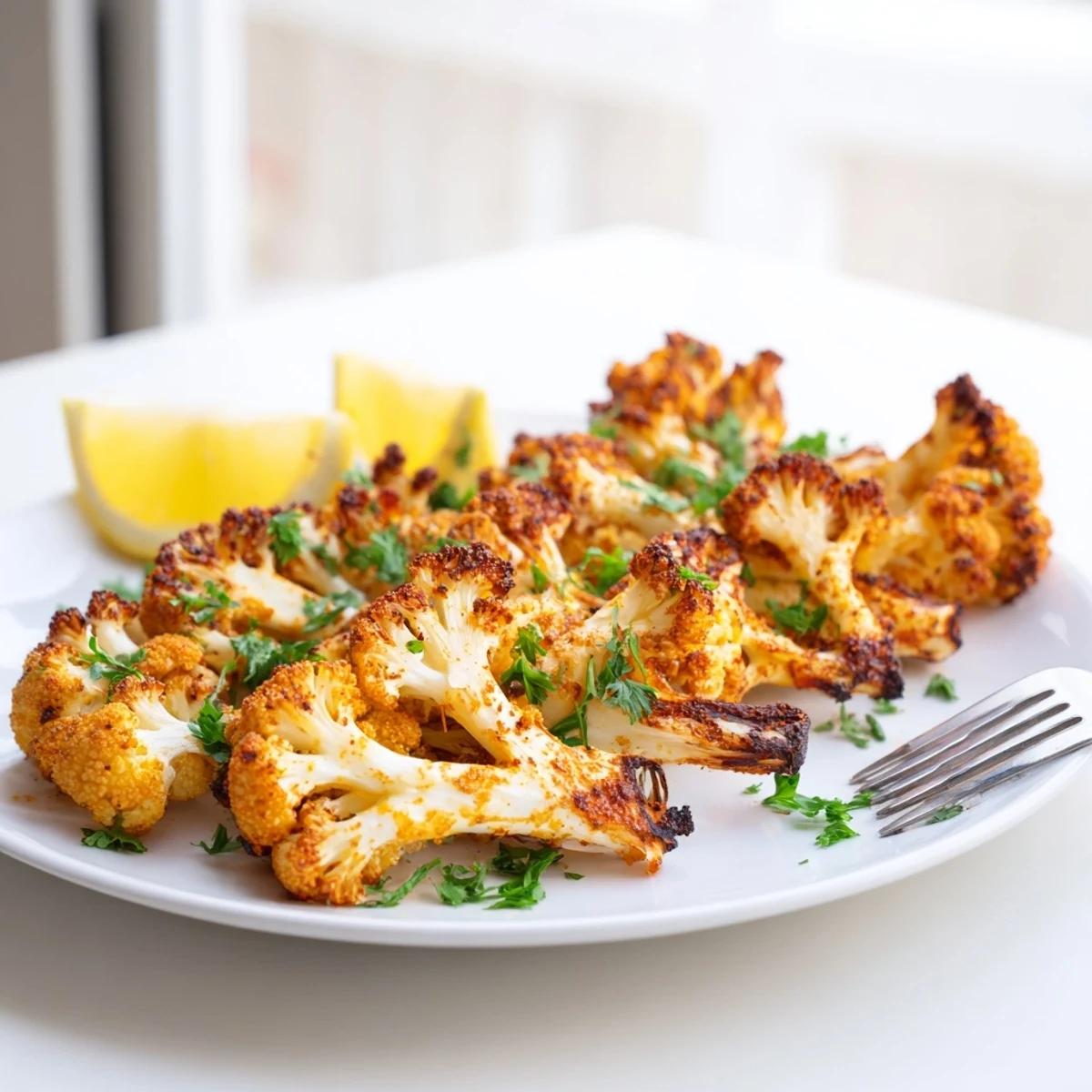 Crispy smoky roasted cauliflower spears arranged on a rustic white serving platter
