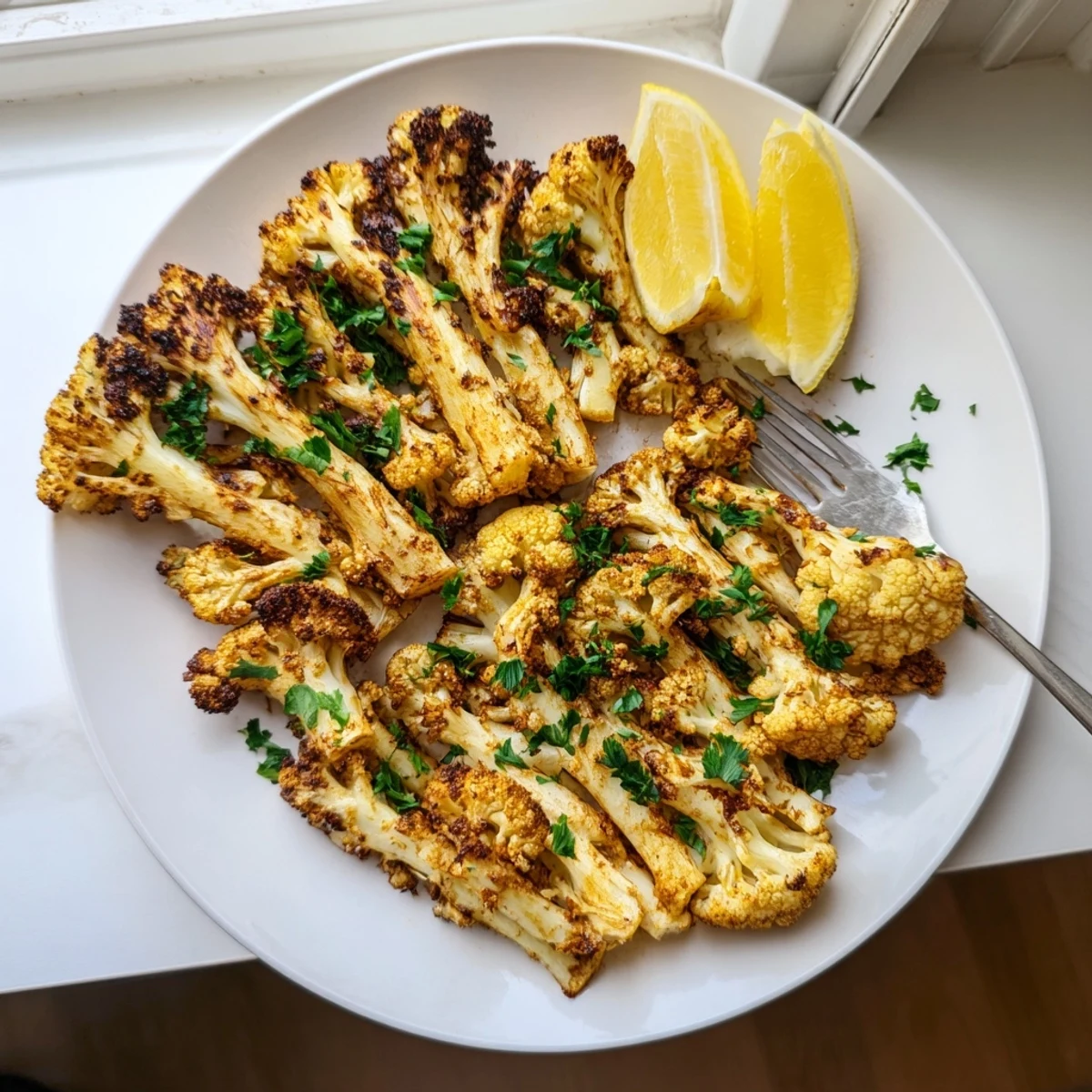Golden smoky roasted cauliflower spears garnished with fresh parsley and lemon wedges