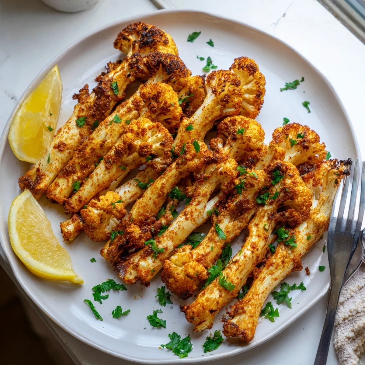Tender smoky roasted cauliflower spears with caramelized edges on a parchment-lined baking sheet
