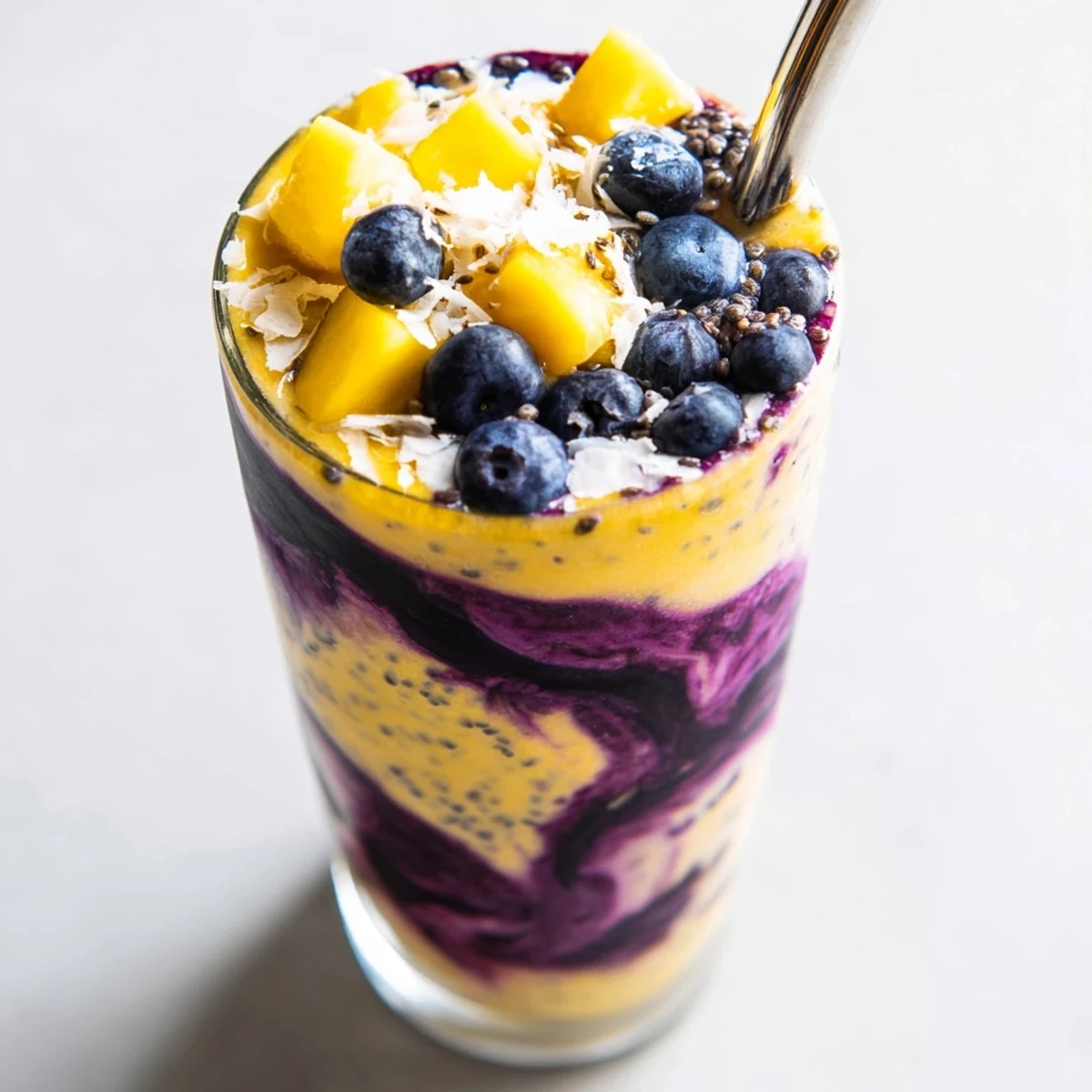 Creamy mango blueberry coconut smoothie swirled with vibrant purple and golden fruit colors