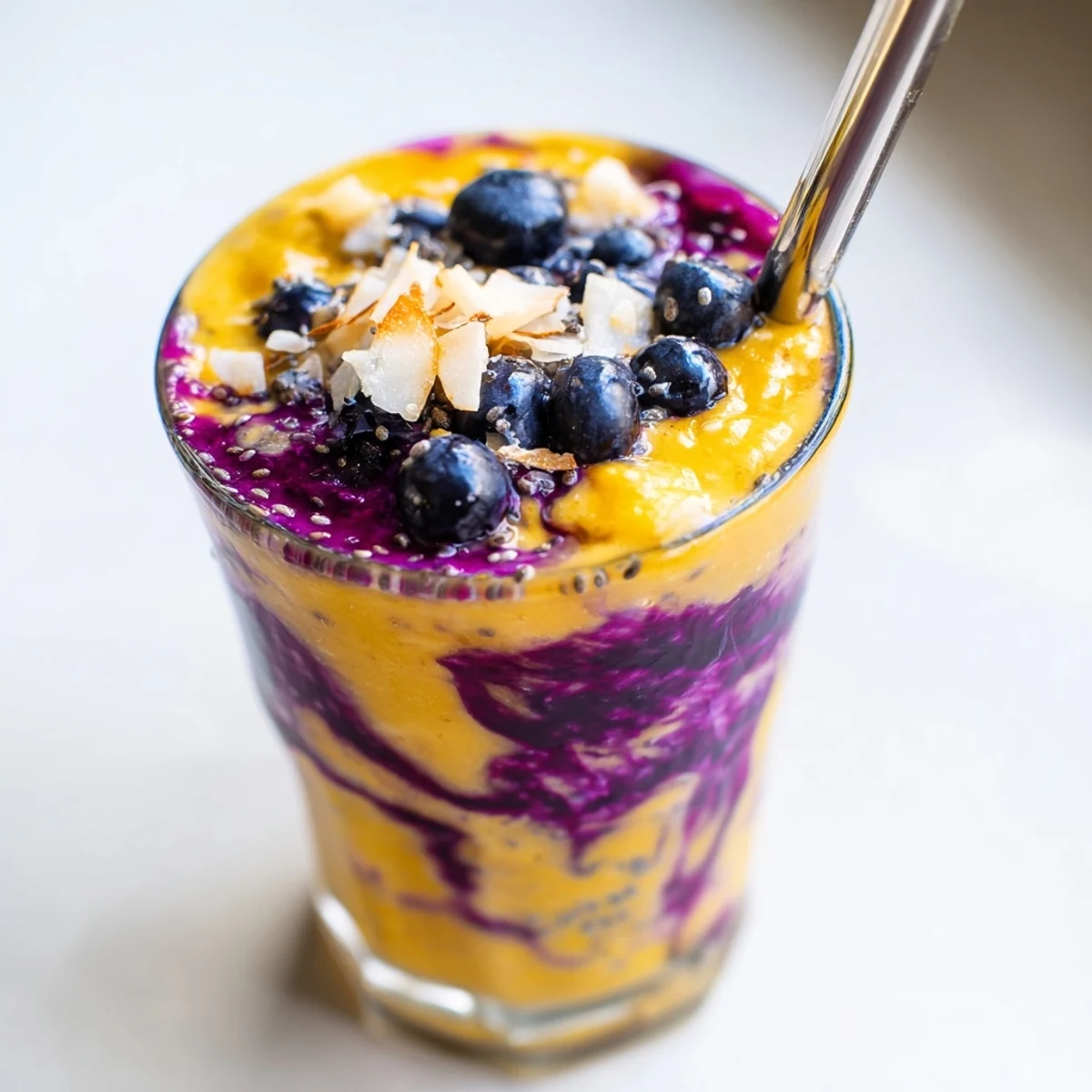 Tall glasses of mango blueberry coconut smoothie topped with fresh berries and coconut flakes