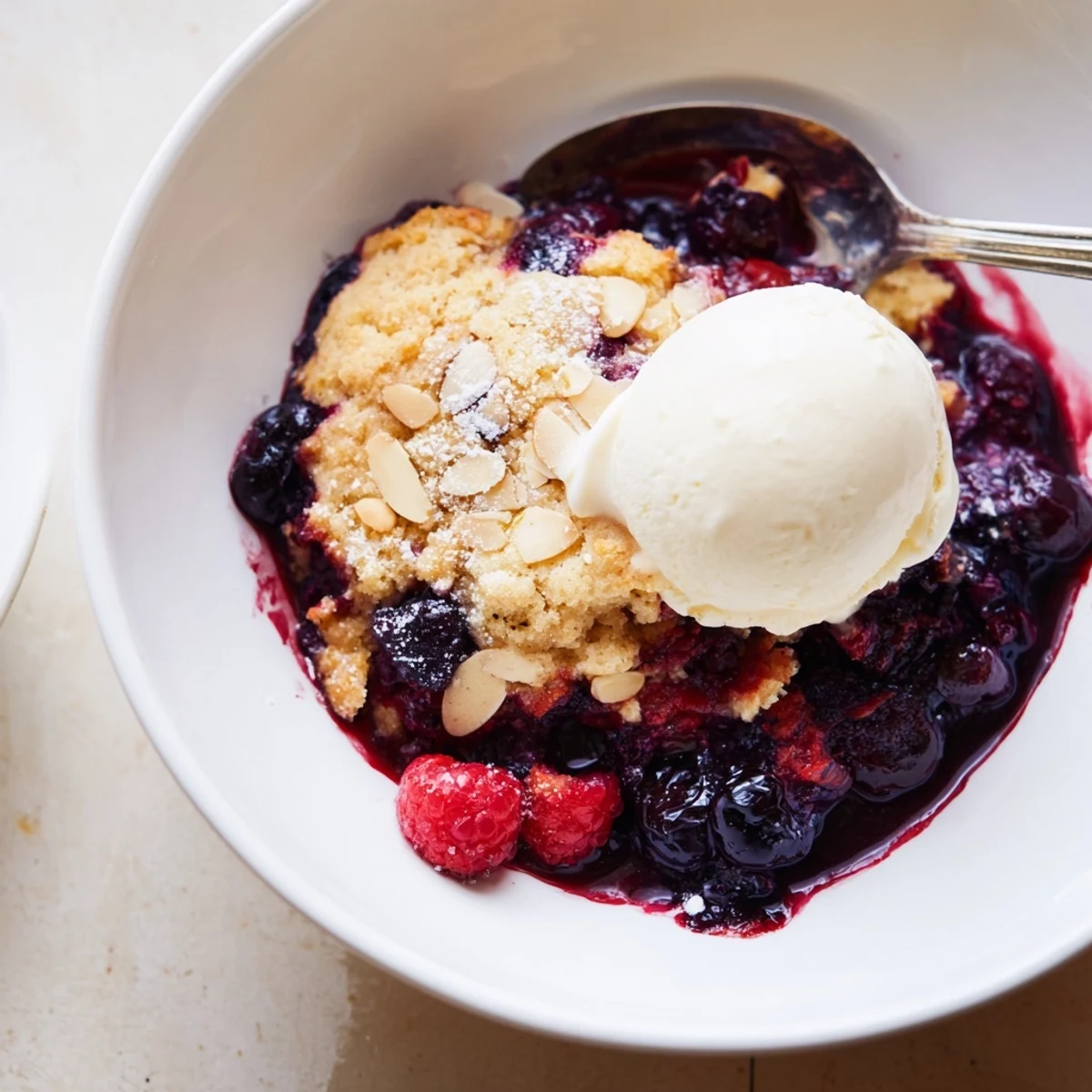 Golden vanilla almond berry cobbler with bubbling mixed berries fresh from oven