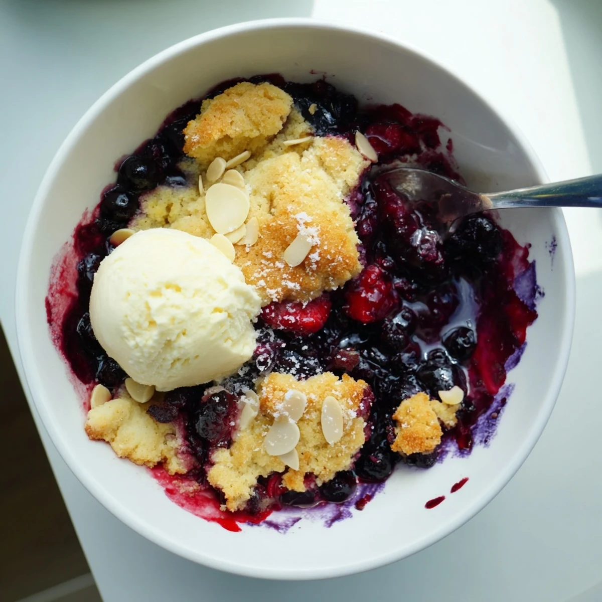 Warm vanilla almond berry cobbler topped with crispy sliced almonds and juicy berries
