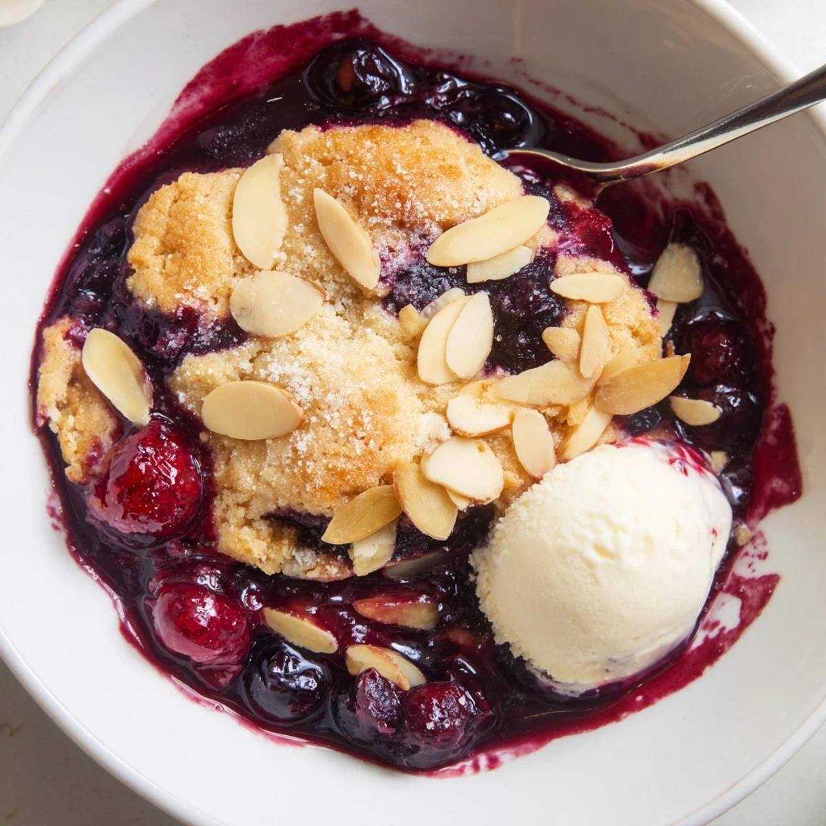 Vanilla almond berry cobbler served in rustic baking dish with melting vanilla ice cream