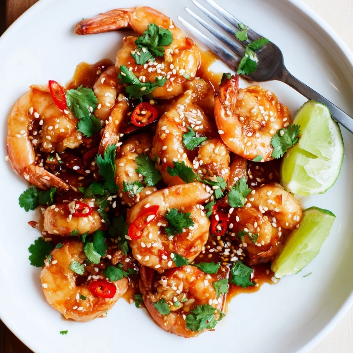 Garlic Chili Glazed Shrimp Skillet glistening with sticky sauce and fresh cilantro garnish