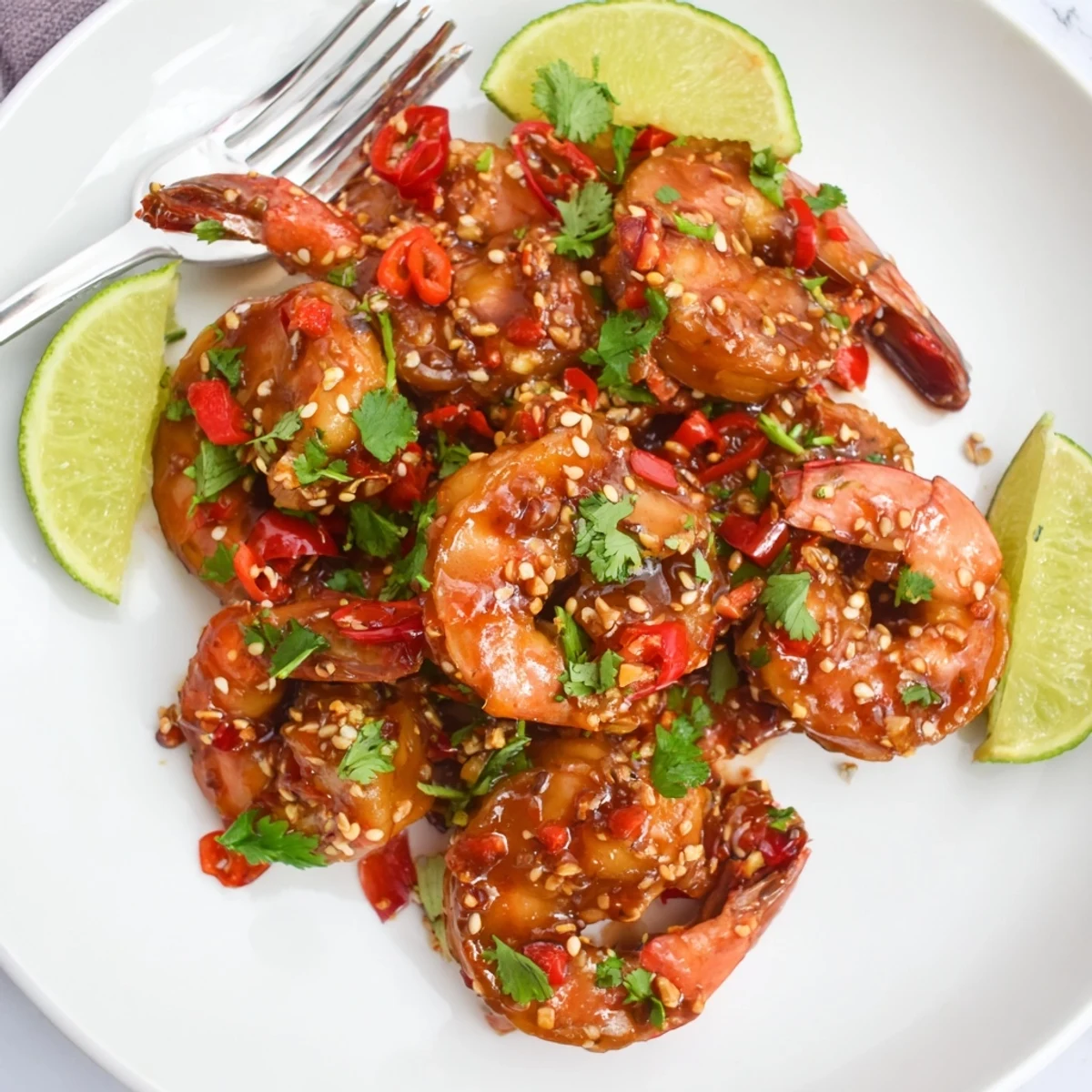 Sizzling Garlic Chili Glazed Shrimp Skillet coated in a sweet and spicy glaze