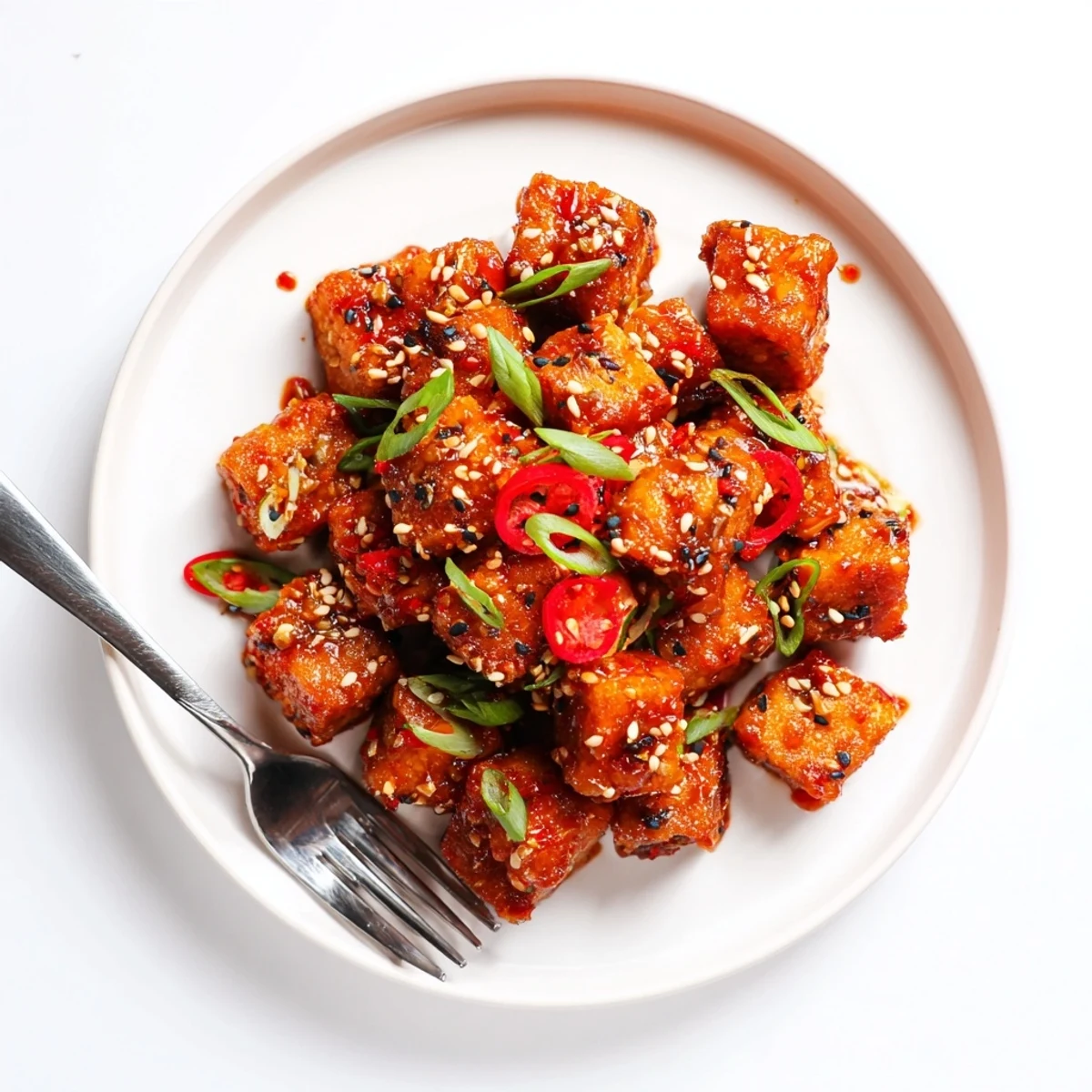 Crispy chili sesame tempeh nuggets glistening with a sticky, spicy-sweet glaze and sprinkled with toasted sesame seeds and sliced spring onions.