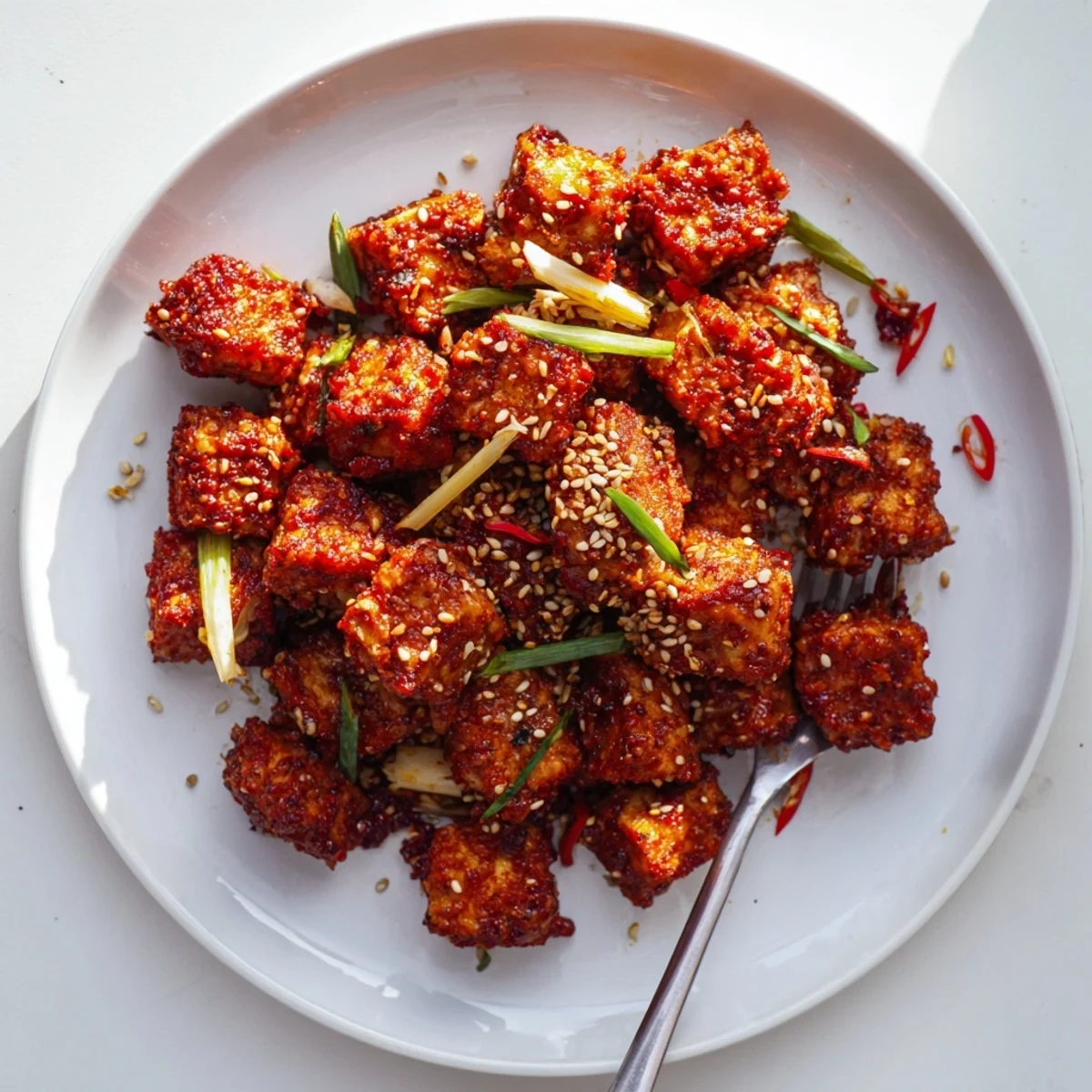 Golden-fried crispy chili sesame tempeh nuggets arranged on a dark plate, coated in a glossy red-orange sauce.