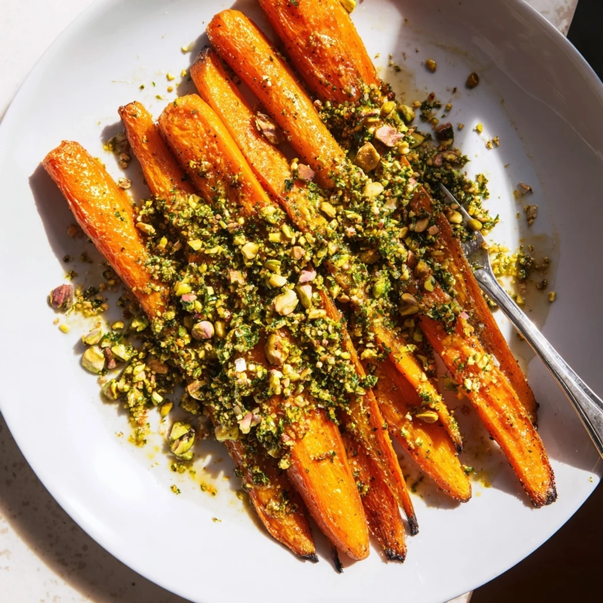 Golden caramelized roasted carrots with lemon herb crunch served on a rustic platter