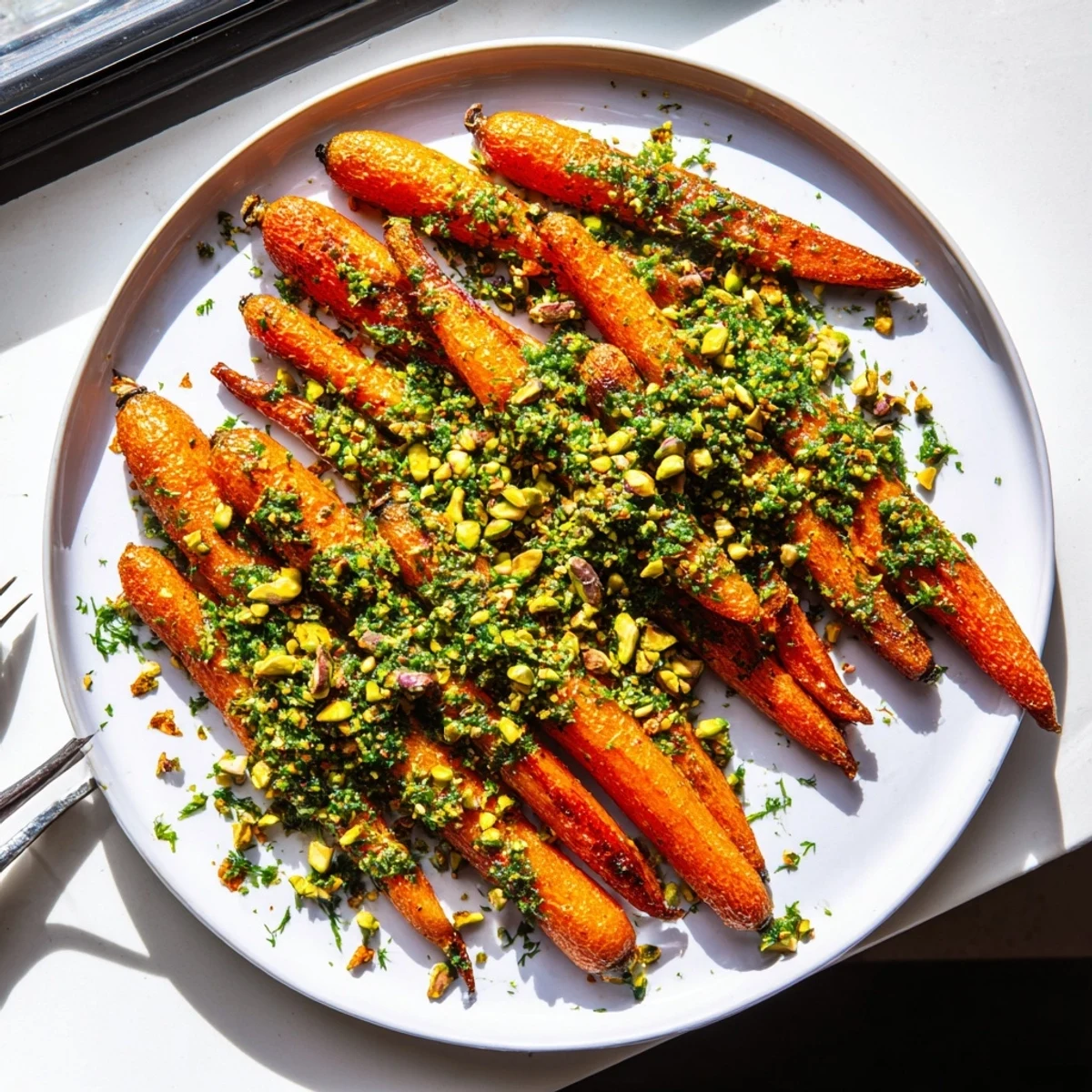 Tender sweet roasted carrots with lemon herb crunch garnished with pistachios and fresh dill