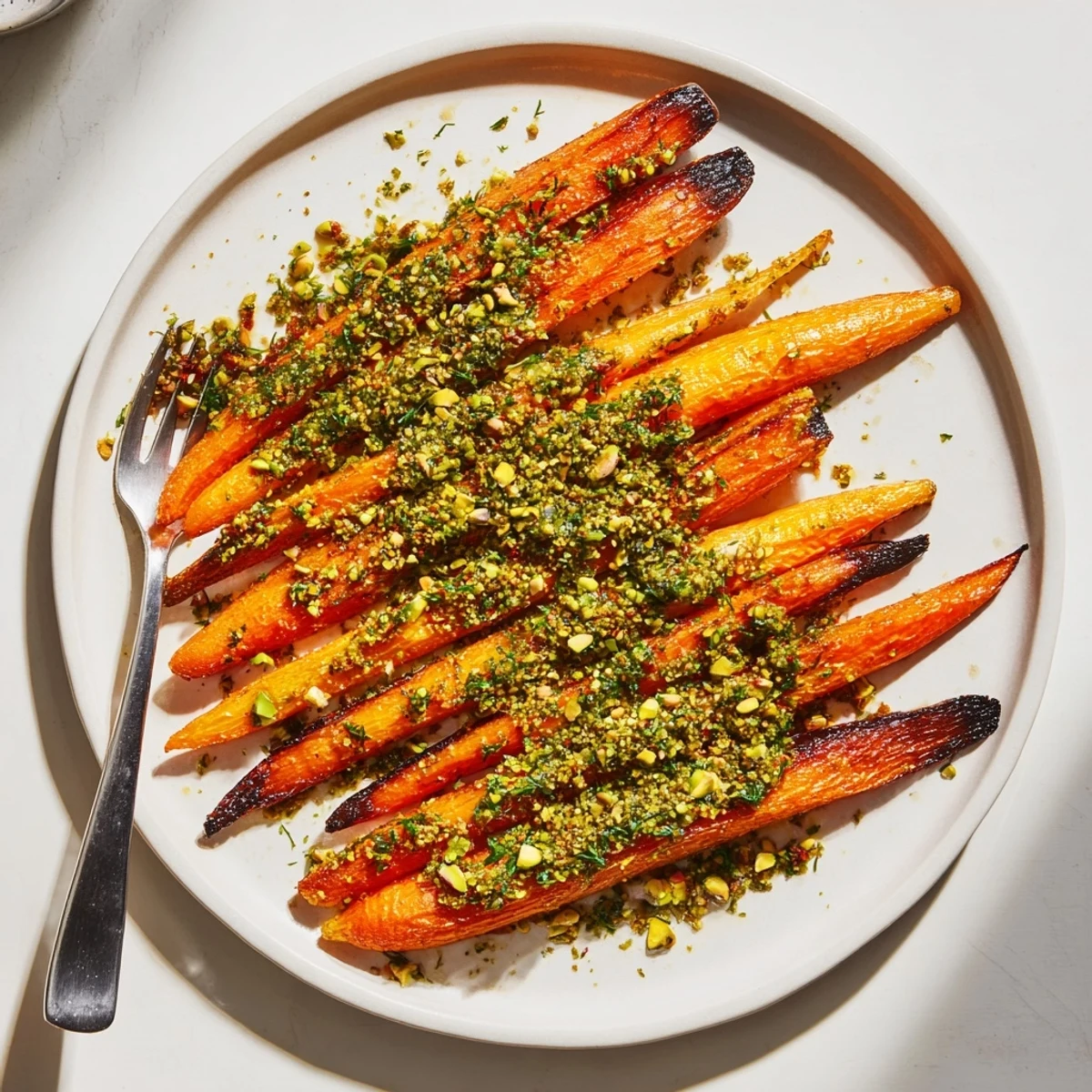 Roasted carrots with lemon herb crunch drizzled with olive oil on a white dish