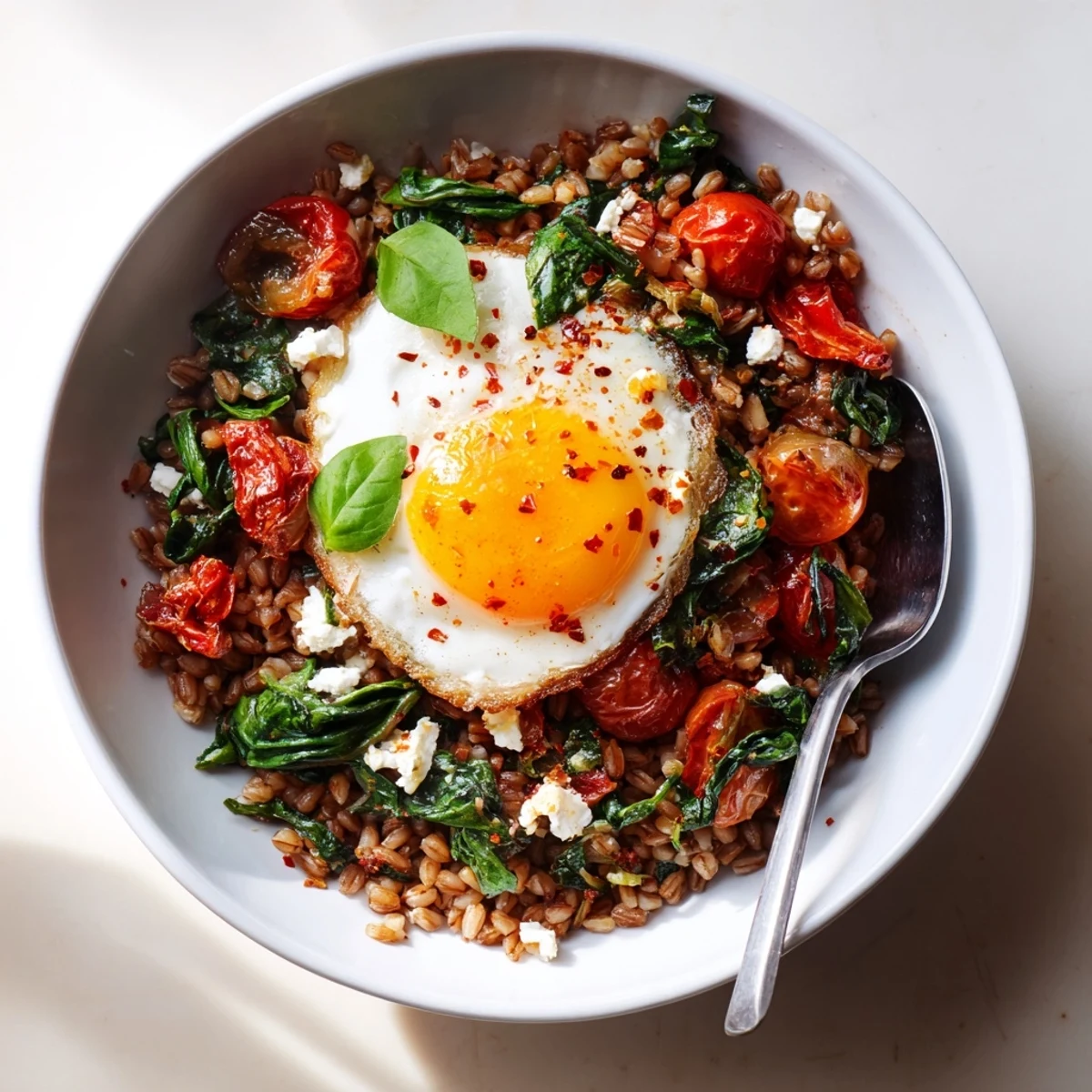 Warm spinach and tomato farro breakfast bowl topped with a perfectly runny egg