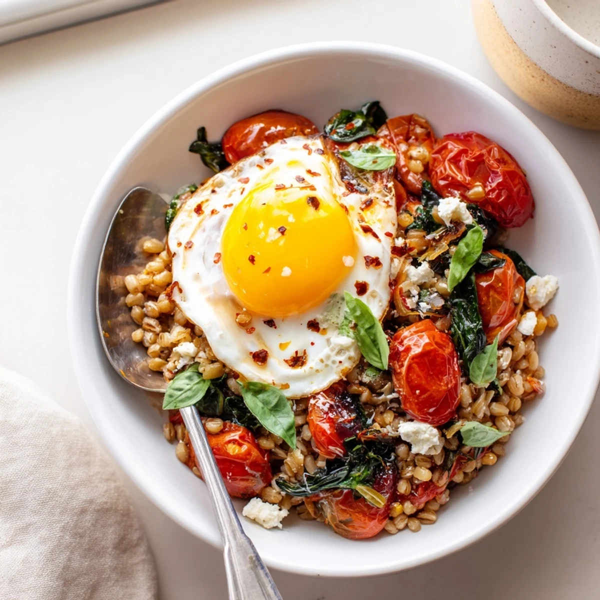 Hearty spinach and tomato farro breakfast bowl with blistered cherry tomatoes and crumbled feta