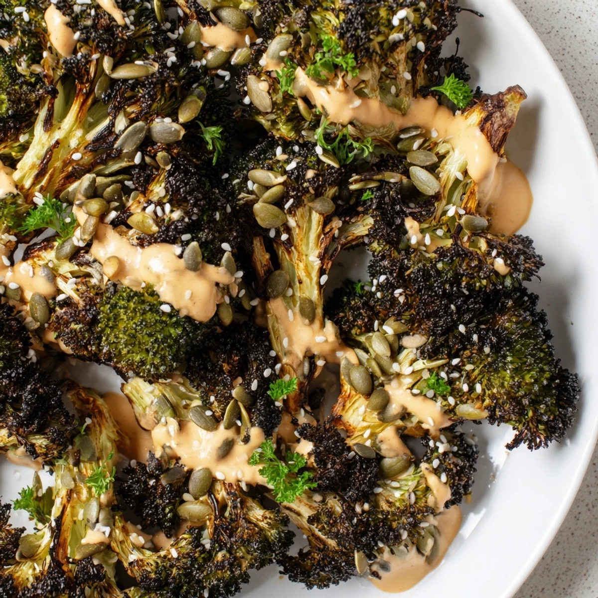 Crispy roasted broccoli with sesame tahini crunch drizzled with creamy golden dressing