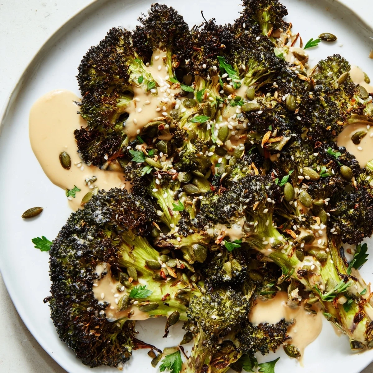 Golden brown roasted broccoli with sesame tahini crunch served on a rustic platter