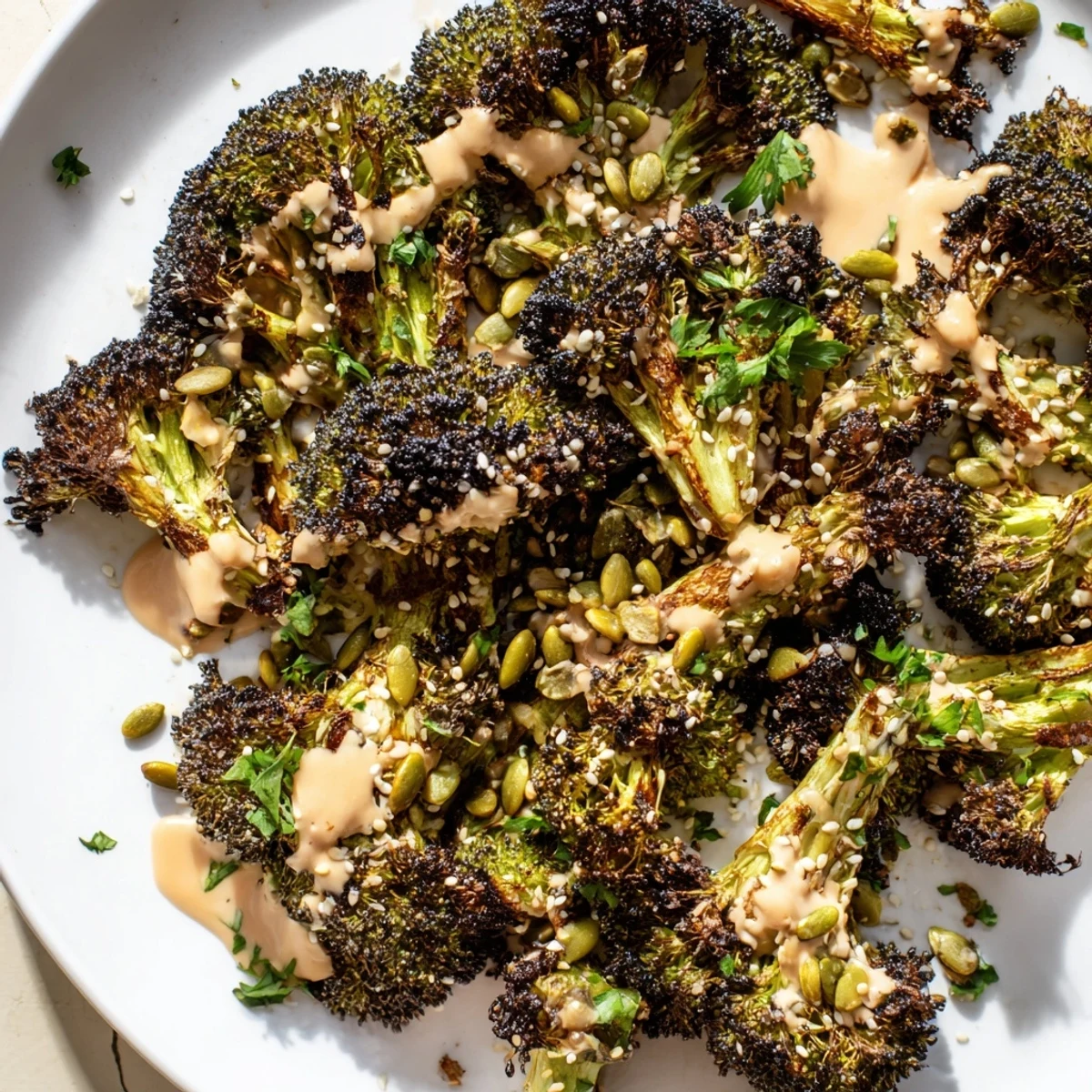 Roasted broccoli with sesame tahini crunch topped with toasted seeds and crispy shallots