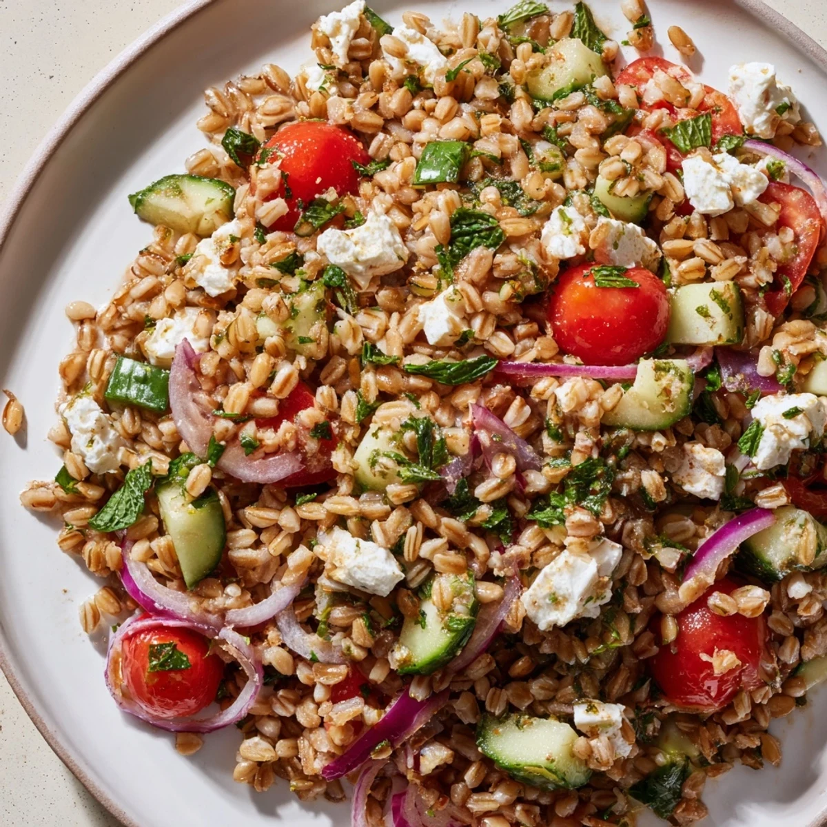Bright citrus herb farro and tomato salad tossed with fresh parsley and mint