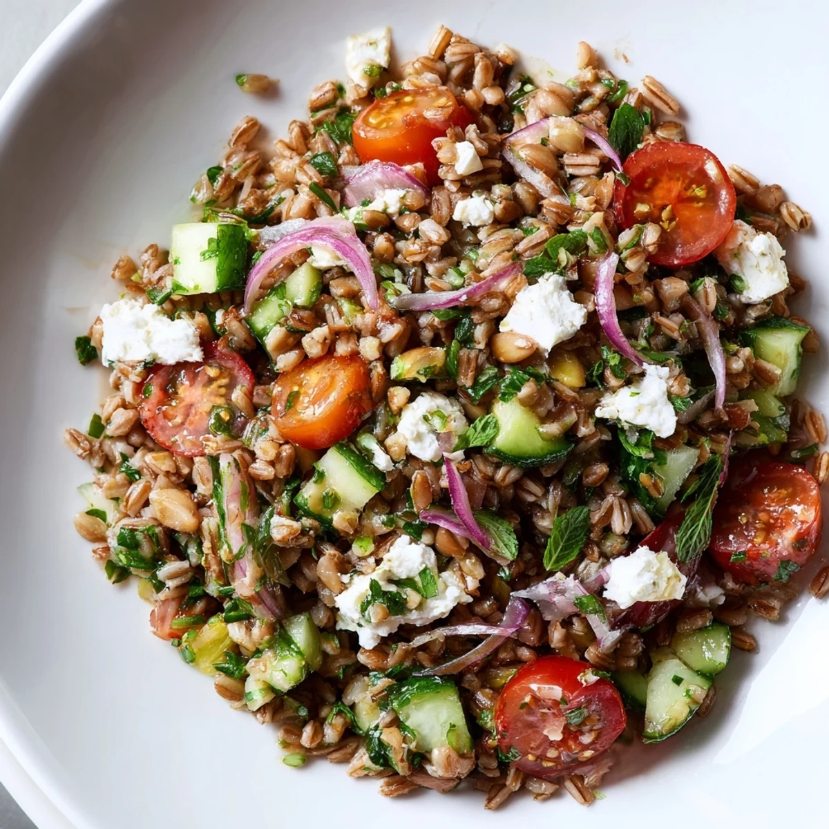 Hearty citrus herb farro and tomato salad topped with crumbled feta and sunflower seeds
