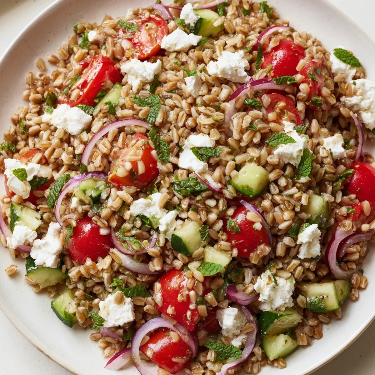 Colorful citrus herb farro and tomato salad drizzled with zesty lemon orange dressing