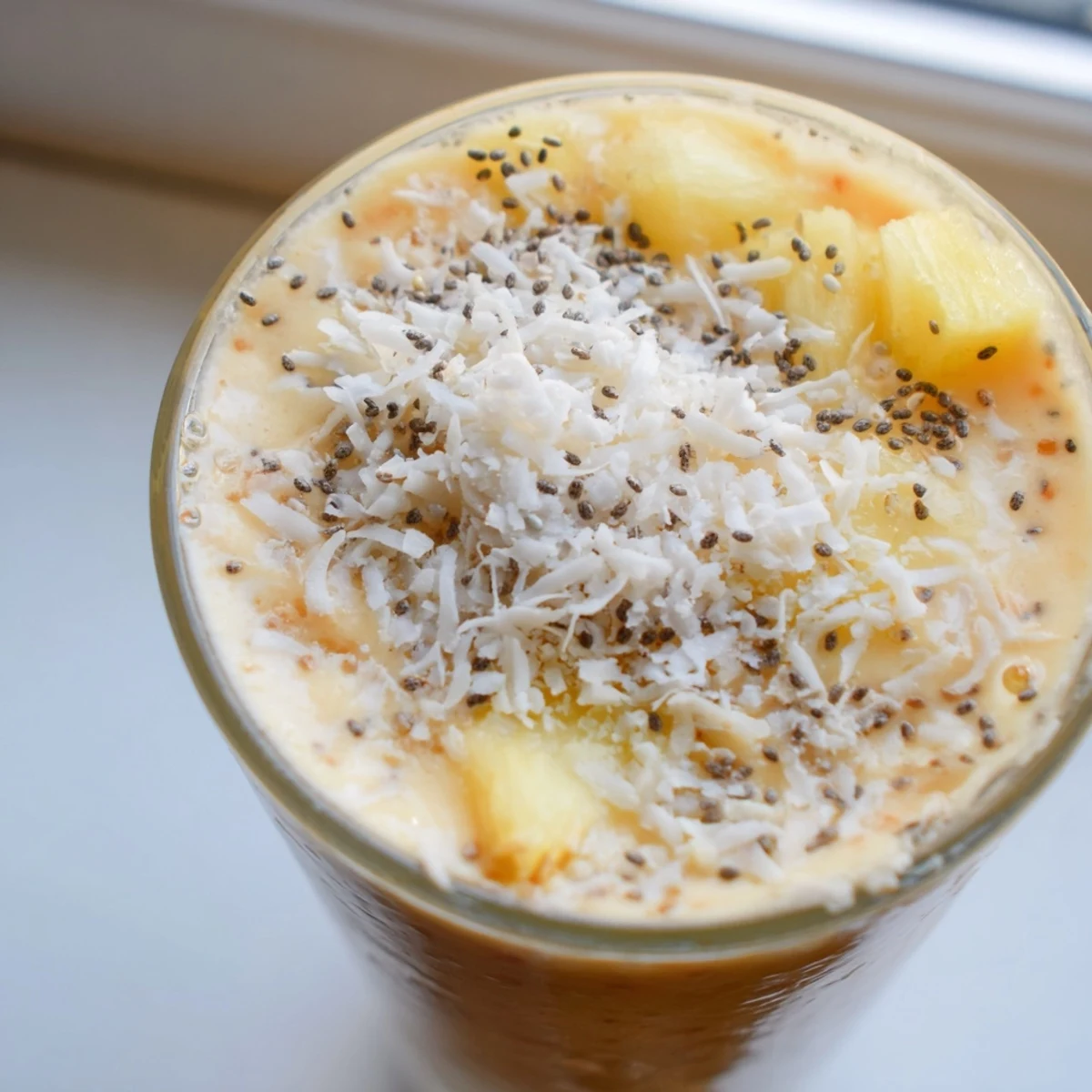 Creamy peach pineapple coconut smoothie served in a glass with a tropical garnish
