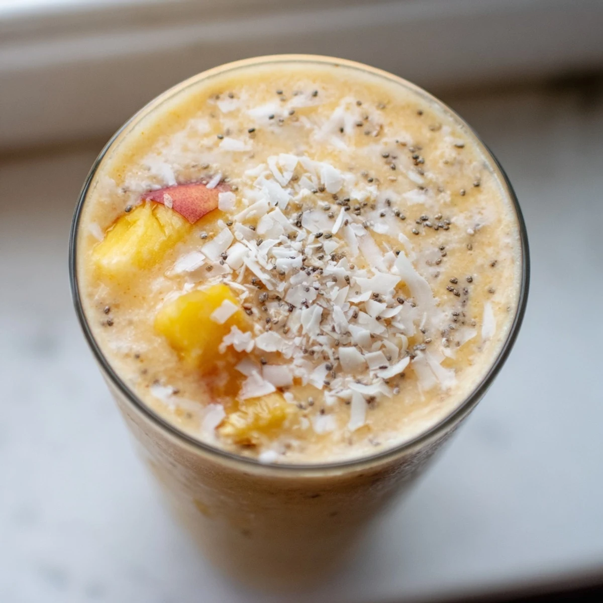 Tropical peach pineapple coconut smoothie blended smooth and served ice cold for breakfast