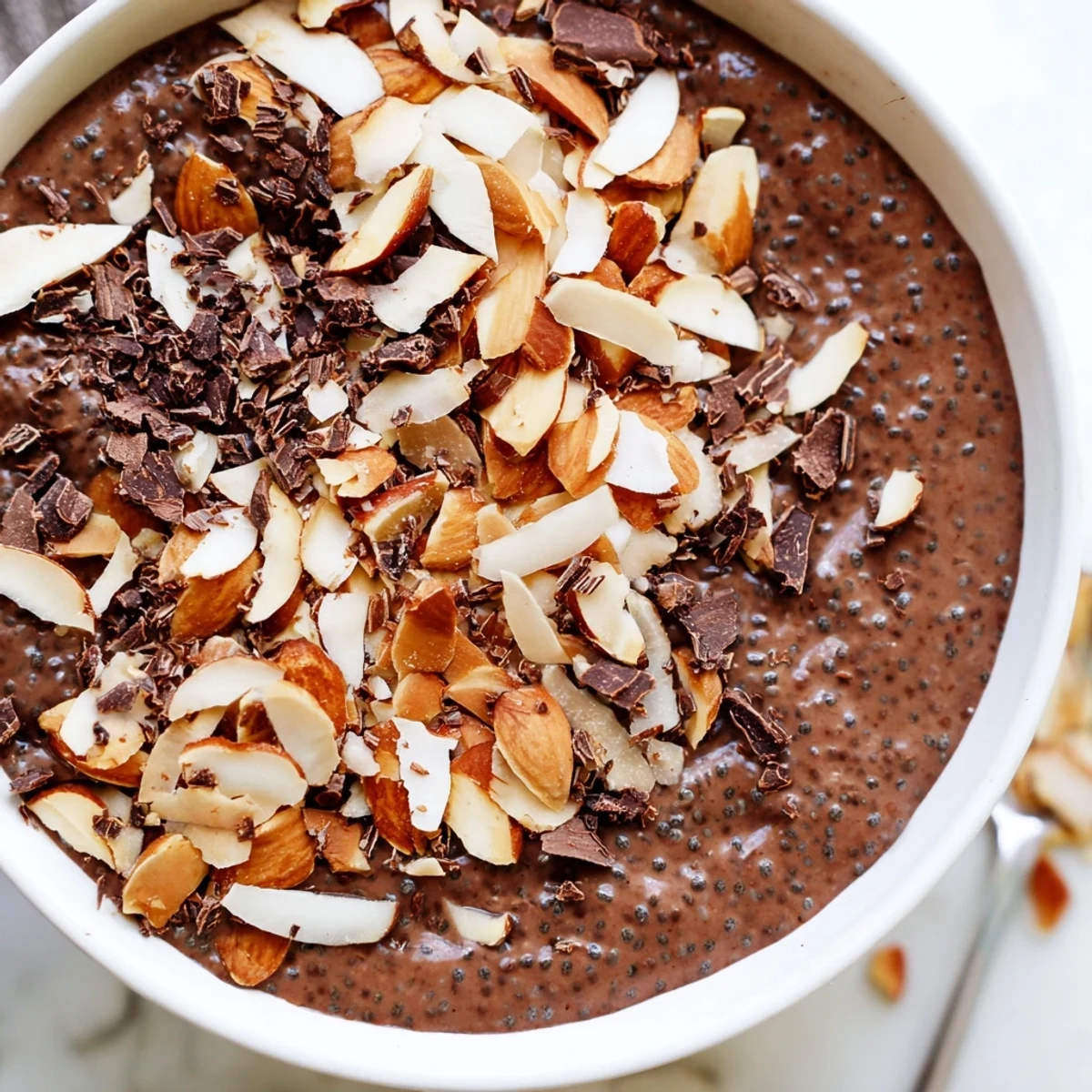 Creamy Cocoa Almond Coconut Chia Cream topped with toasted almonds and chocolate shavings