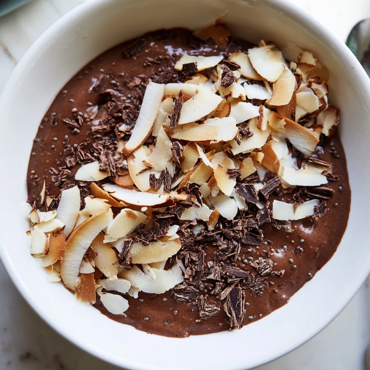 Rich chocolate chia pudding in a glass garnished with coconut and sliced almonds