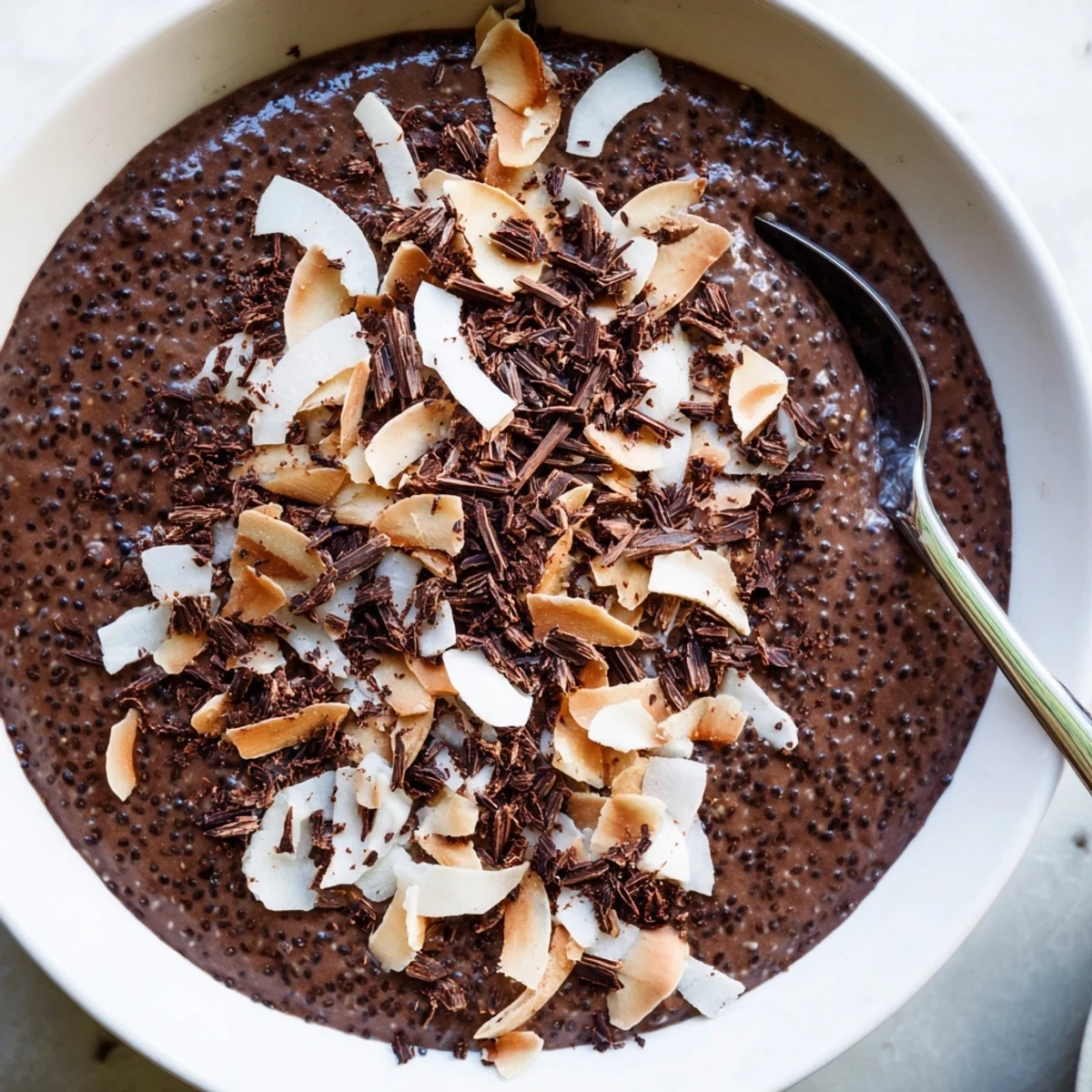 Velvety Cocoa Almond Coconut Chia Cream served chilled with crunchy almond coconut topping