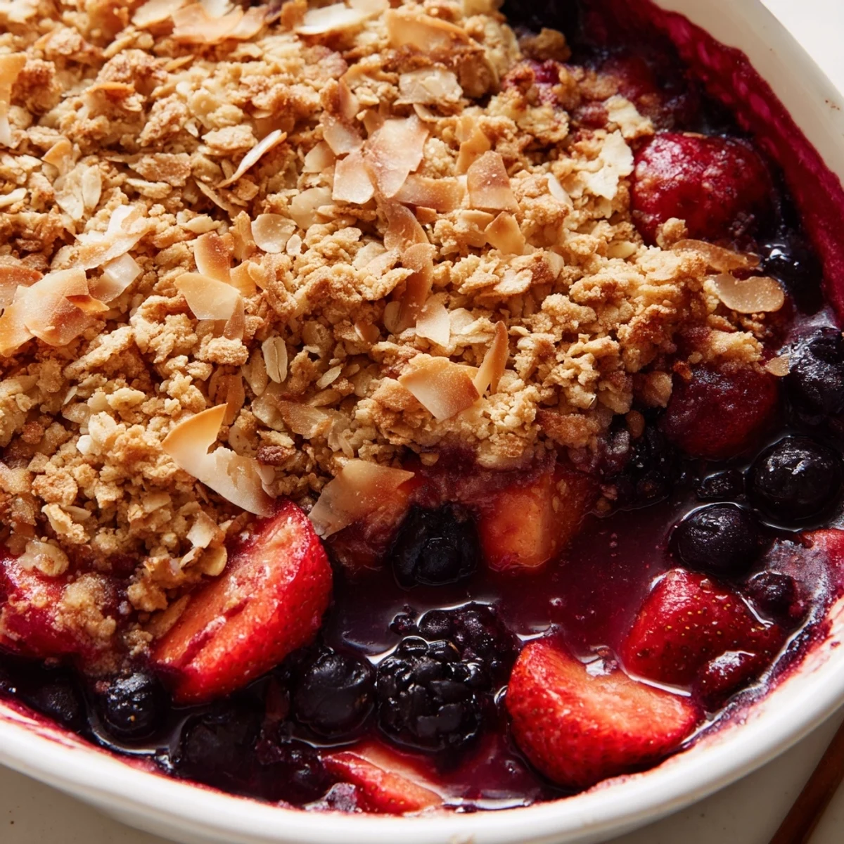 Golden vanilla coconut berry crumble with bubbling juices in a rustic baking dish