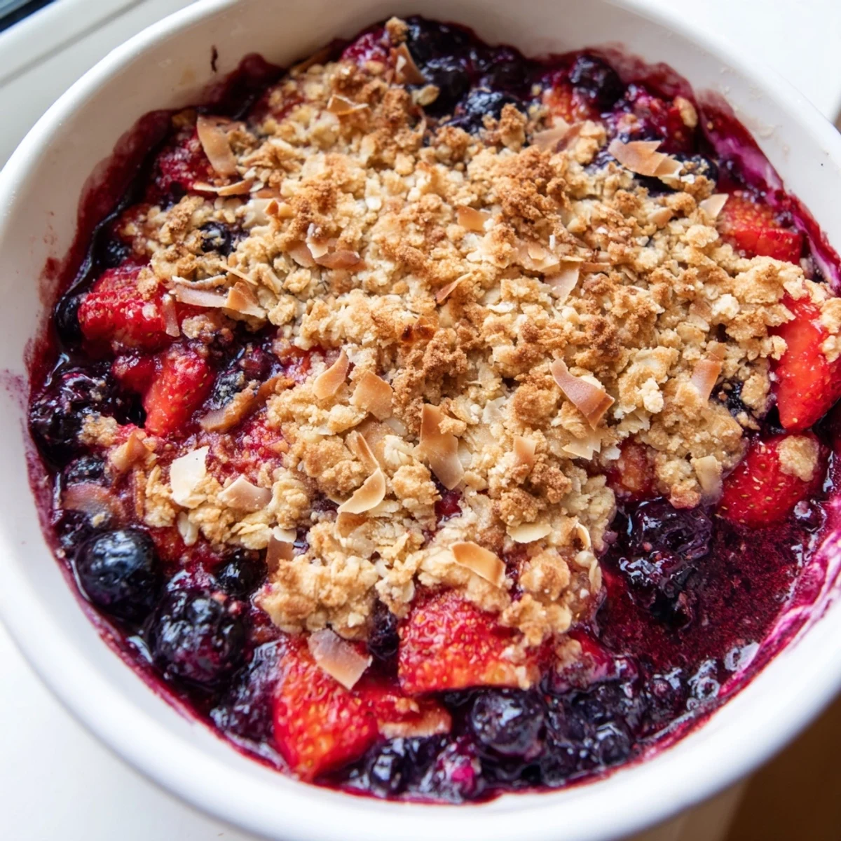 Warm vanilla coconut berry crumble served in a bowl with melting ice cream
