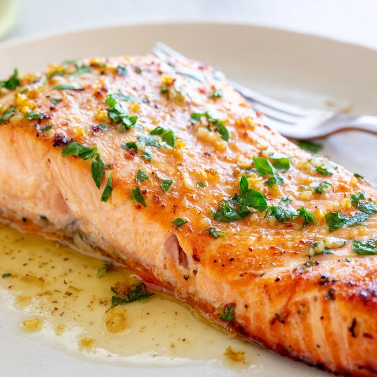 Golden lemon pepper garlic salmon skillet fillets topped with fresh parsley and lemon wedges