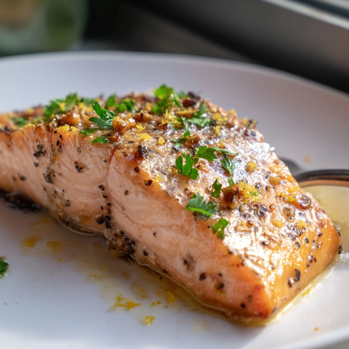 Crispy seared lemon pepper garlic salmon skillet dinner sizzling in a cast iron pan