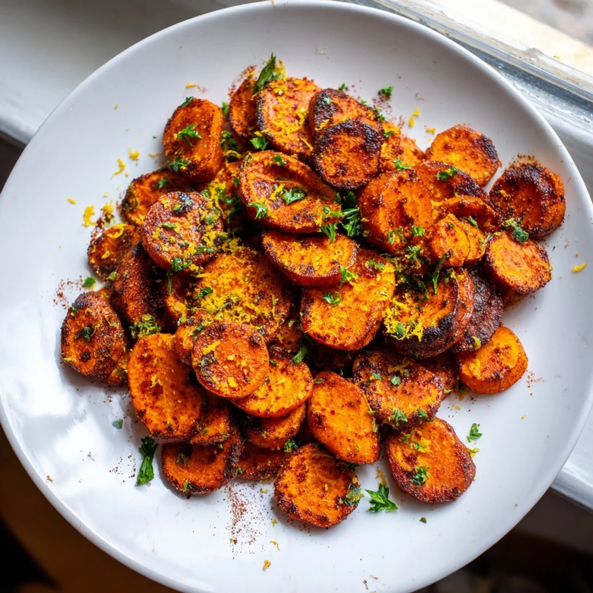 Golden smoky roasted carrot coins with caramelized edges on a parchment-lined baking sheet