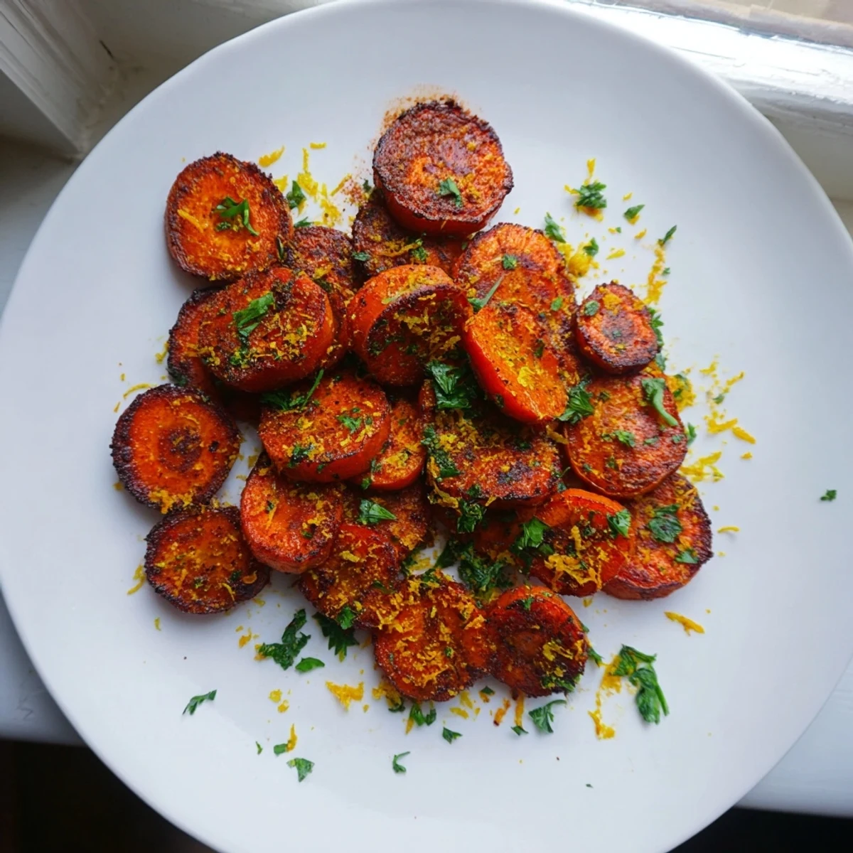 Tender smoky roasted carrot coins glistening with olive oil and sprinkled fresh parsley