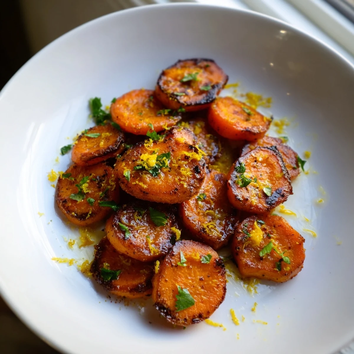 Close-up of smoky roasted carrot coins seasoned with paprika served in a rustic dish
