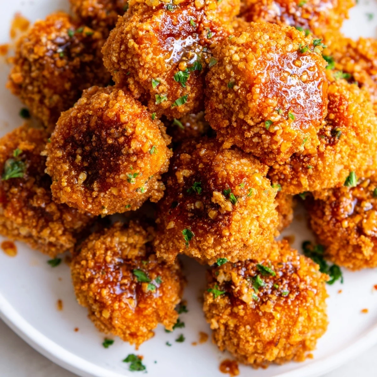 Crispy chili maple chickpea nuggets glistening with sticky glaze on a rustic baking sheet