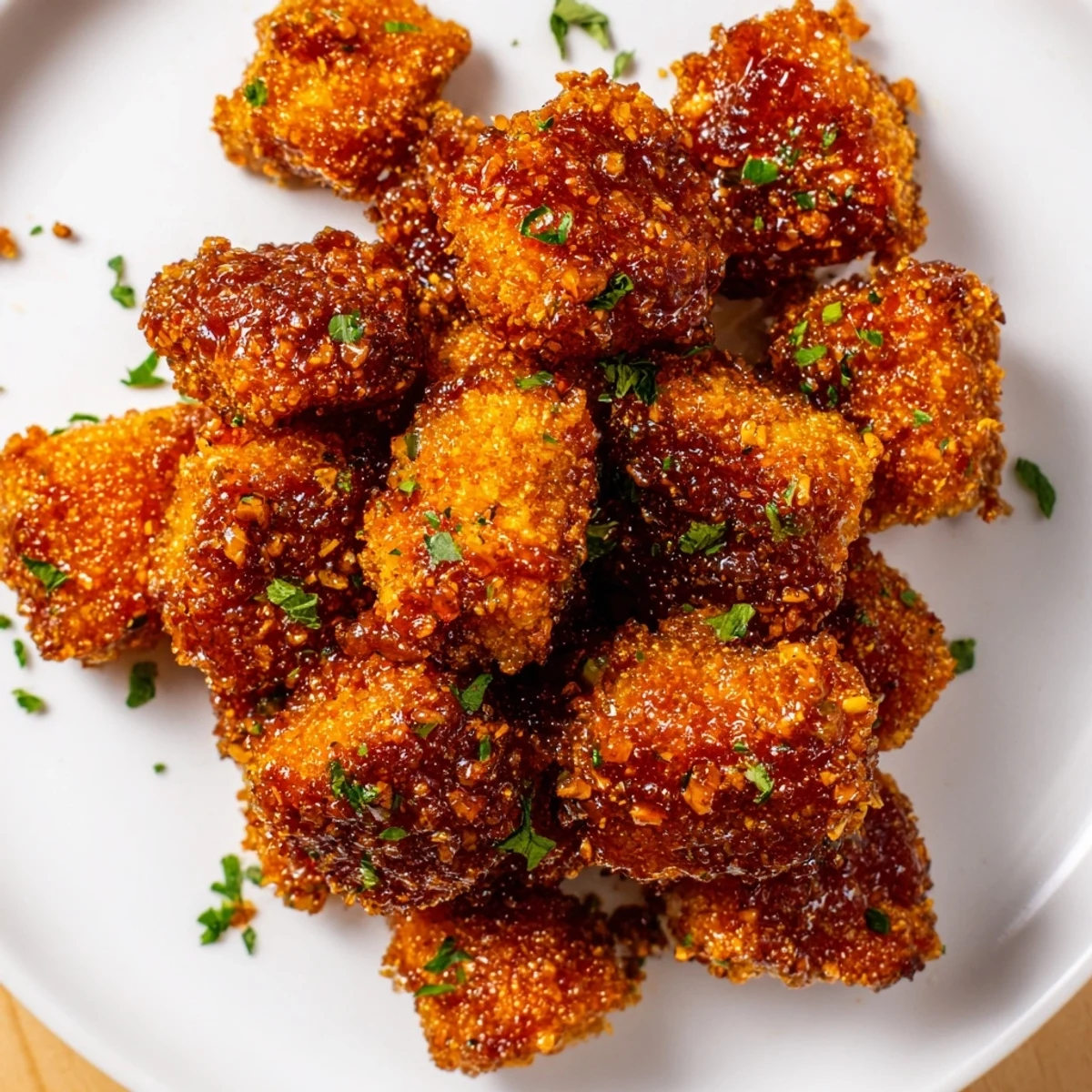 Golden crispy chili maple chickpea nuggets piled on a plate with dipping sauce